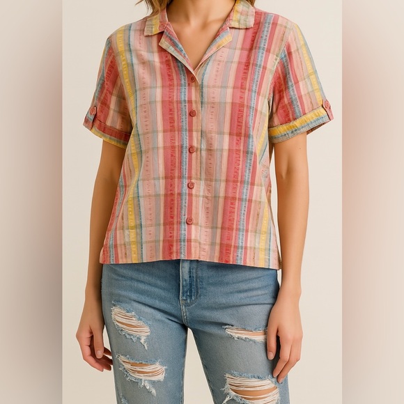 Ms Lee Coastalcore Rainbow Plaid Button Up Top Seersucker Retro Y2K‎ Size 6/8 - Picture 1 of 9